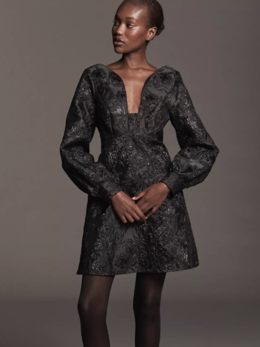 Maeve Long-Sleeve V-Neck Jacquard Babydoll Occasion Mini Dress 4 Black NWT